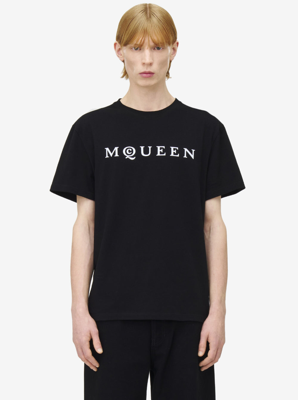 Alexander Mcqueen Men Black Crewneck T-Shirt With Logo Print On The Front In Cotton Man