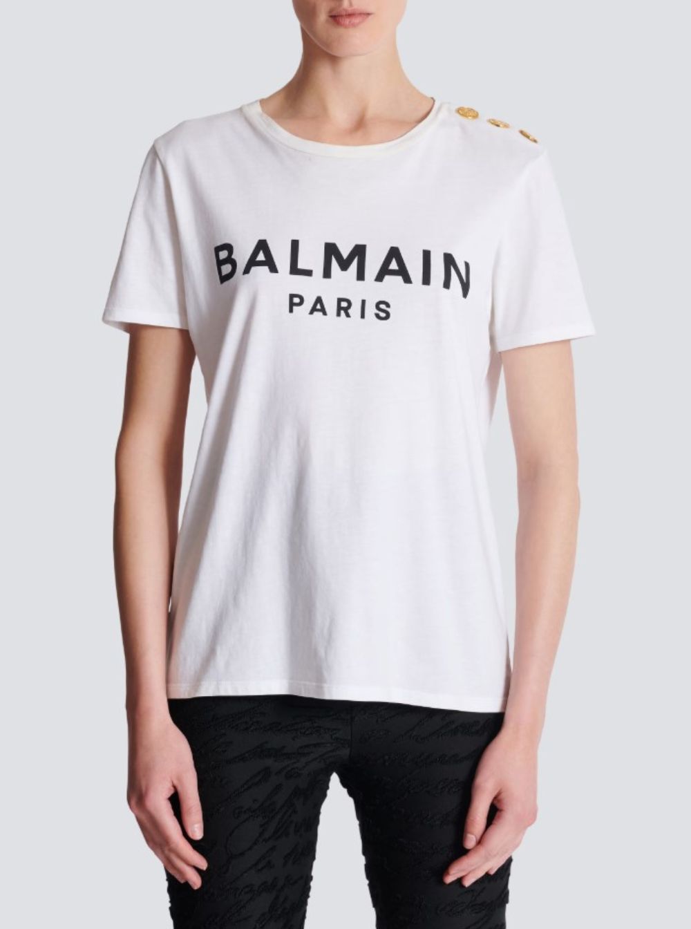 Balmain Women White Crewneck T-Shirt With Logo Print And Golden Buttons In Jersey Woman