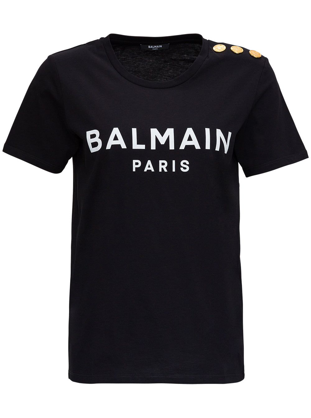 Balmain Women Black Crewneck T-Shirt With Logo Print And Golden Buttons In Jersey Woman