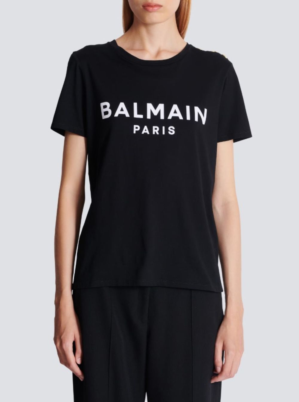 Balmain Women Black Crewneck T-Shirt With Logo Print And Golden Buttons In Jersey Woman