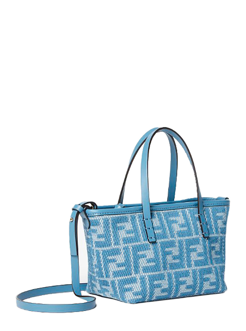Fendi Women 'Roll' Blue Mini Bag With All-Over Ff Motif And Top Leather Strap In Cotton Woman