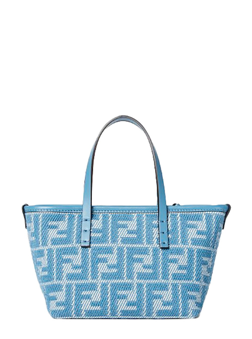 Fendi Women 'Roll' Blue Mini Bag With All-Over Ff Motif And Top Leather Strap In Cotton Woman