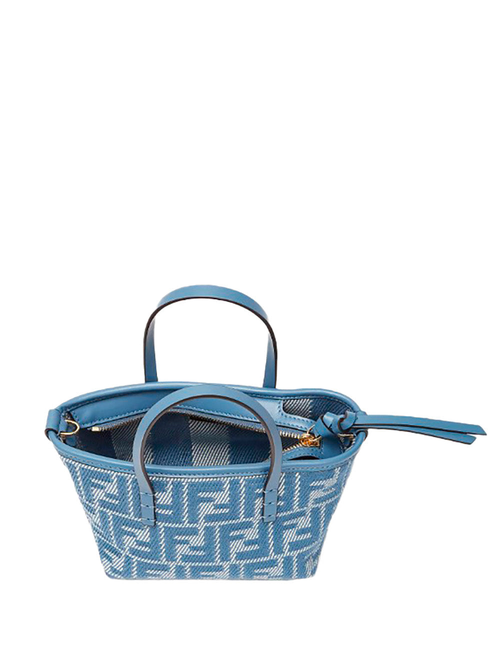 Fendi Women 'Roll' Blue Mini Bag With All-Over Ff Motif And Top Leather Strap In Cotton Woman