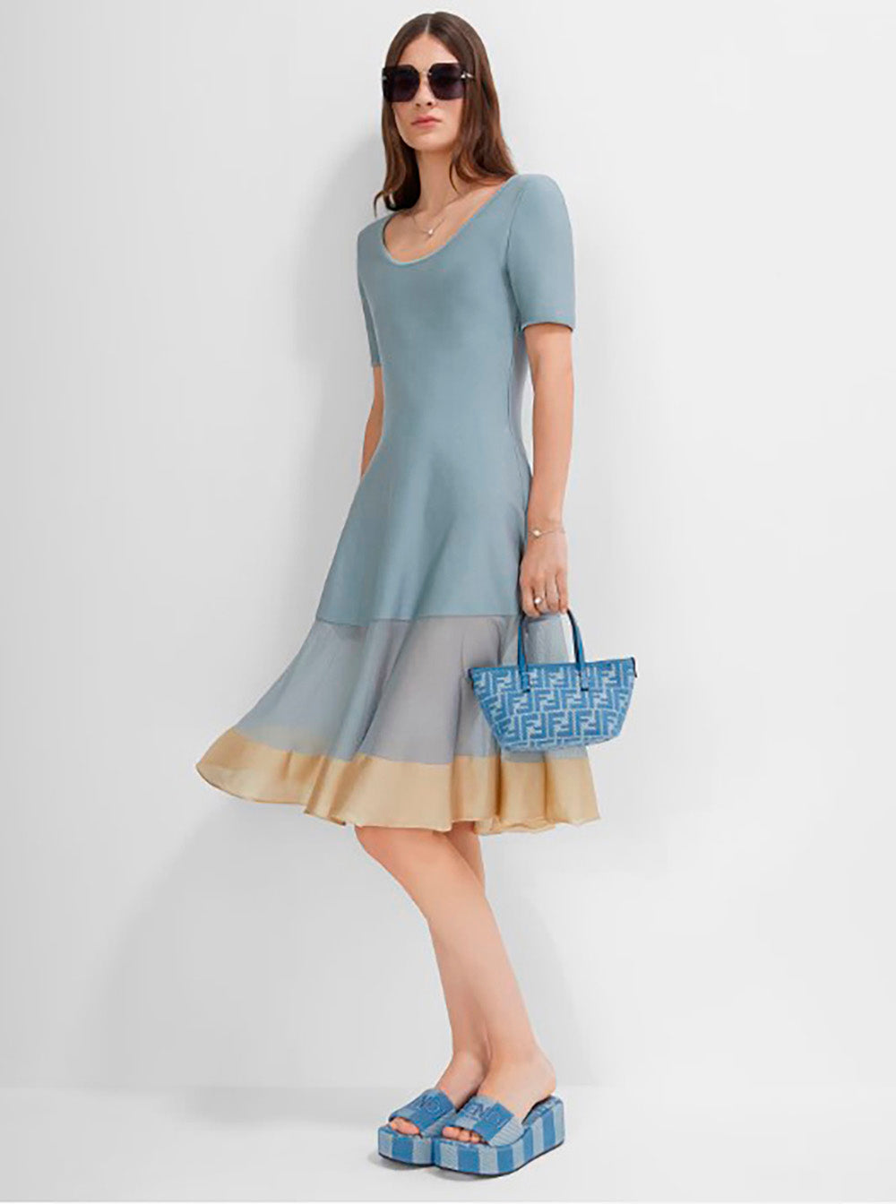 Fendi Women 'Roll' Blue Mini Bag With All-Over Ff Motif And Top Leather Strap In Cotton Woman