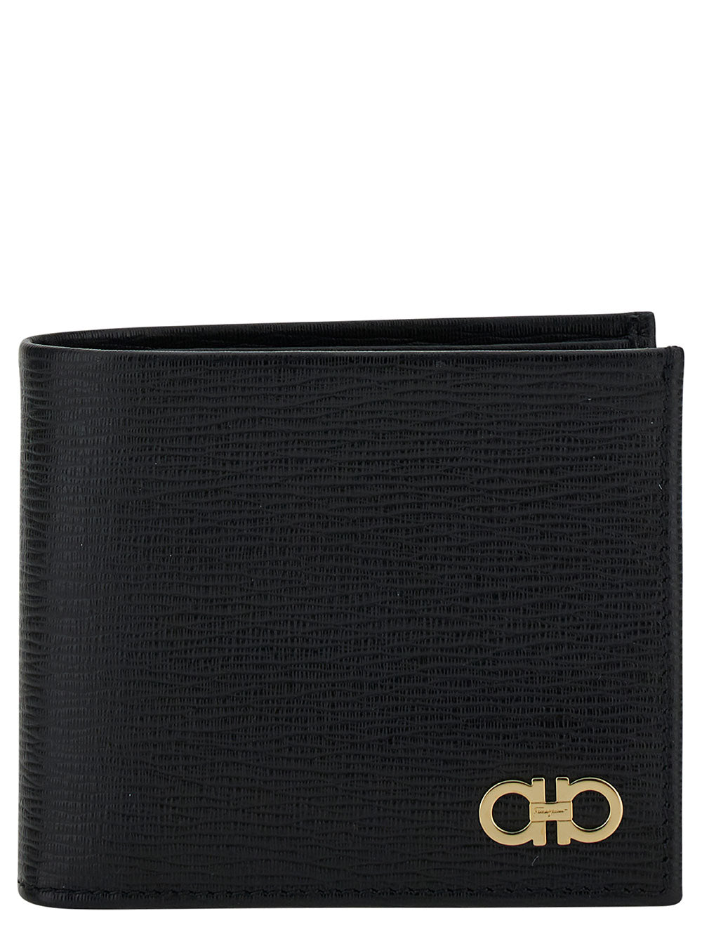 Carteira Ferragamo Gancini Bi-Fold Masculina em Couro Preto