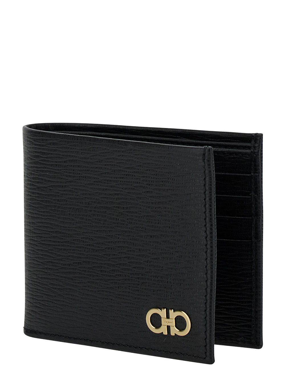 Carteira Ferragamo Gancini Bi-Fold Masculina em Couro Preto