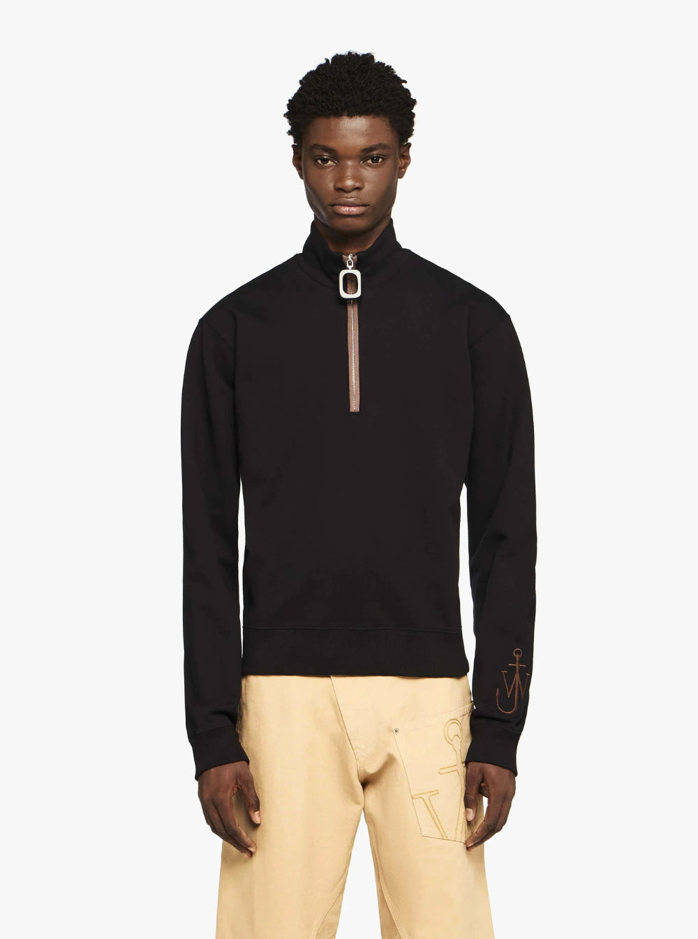 Jw Anderson Men Black Sweatshirt With Front Zip And Embroidered Logo On The Sleeve In Cotton Man