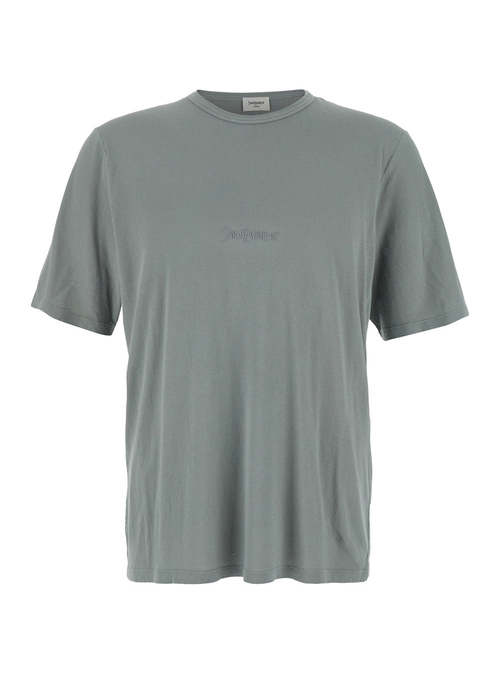 Saint Laurent Men Grey T-Shirt With Round Neck And Logo Lettering Embroidery On The Front In Cotton Man