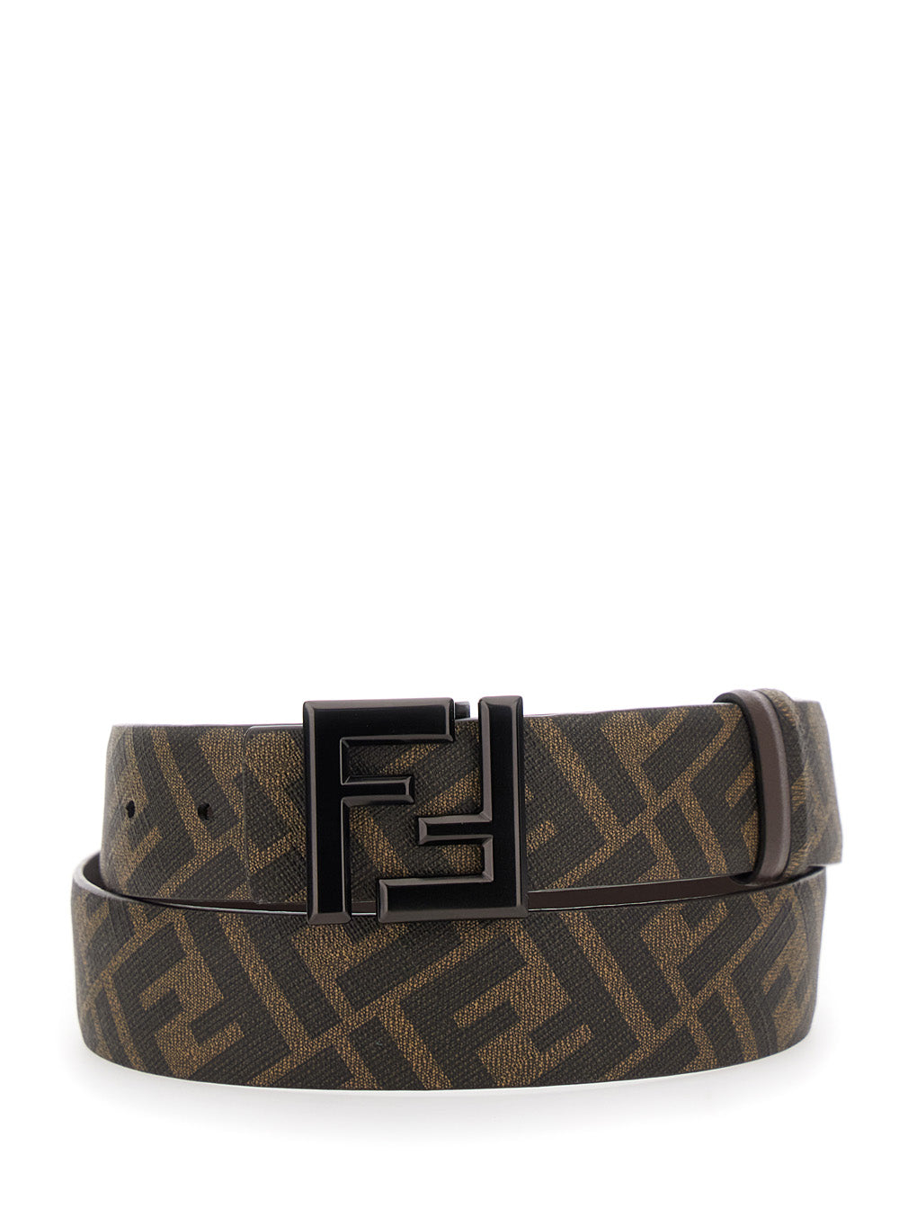 Fendi Men Brown Belt With Metallic Ff Logo Plaque On The Front And Ff Motif In Leather Man