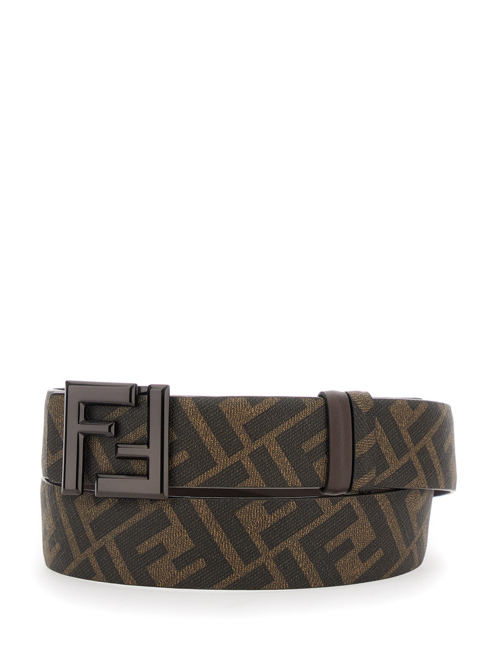 Fendi Men Brown Belt With Metallic Ff Logo Plaque On The Front And Ff Motif In Leather Man
