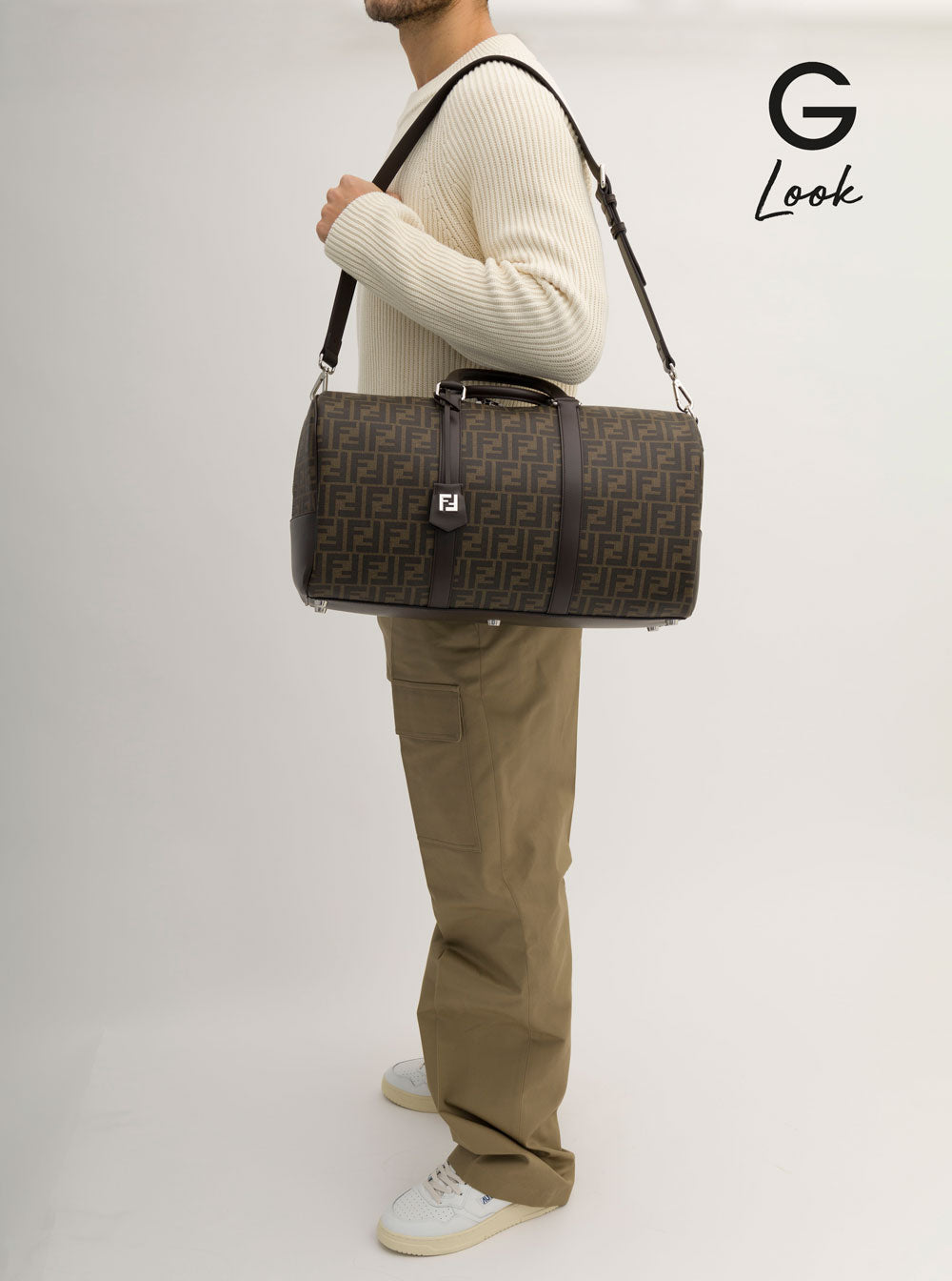 Fendi Men 'Large Duffle' Brown Travel Bag With Ff Motif In Fabric Man