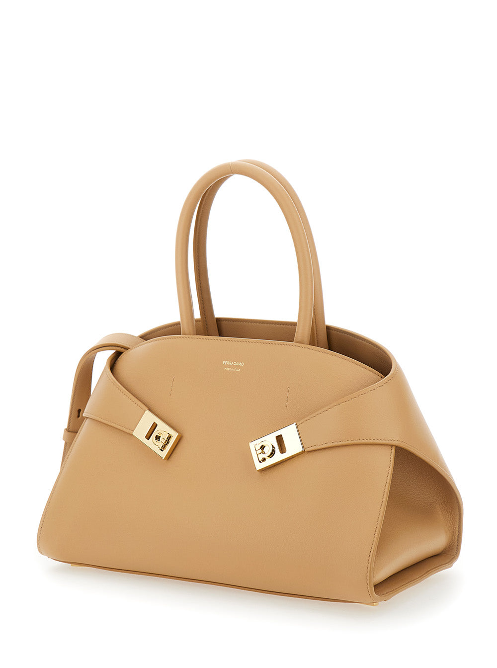 Bolsa de ombro feminina Ferragamo 'Hug Small' bege com logo e fivela Gancini em couro.