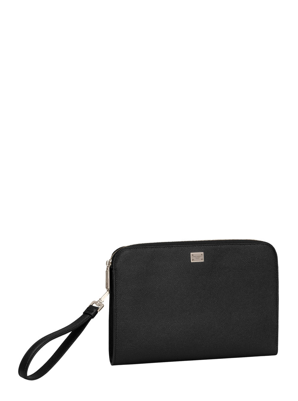 Dolce & Gabbana Men Black Clutch With Removable Wrist Strap And Logo Plaque On The Front In Grained Leather Man