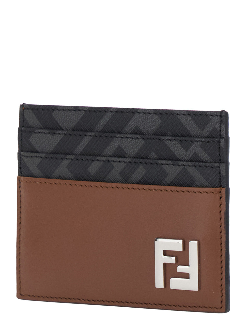 Fendi Men Brown Card Holder With Ff Plaque On The Front In Leather And Ff Canvas Man