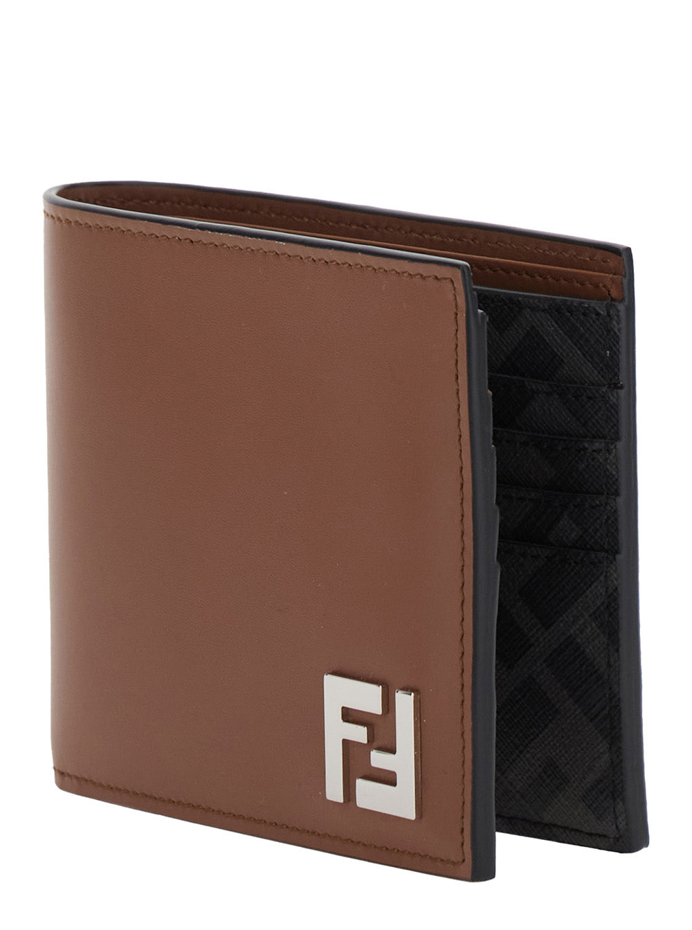 Fendi Men Brown Bi-Fold Wallet With Ff Plaque On The Front In Leather Man
