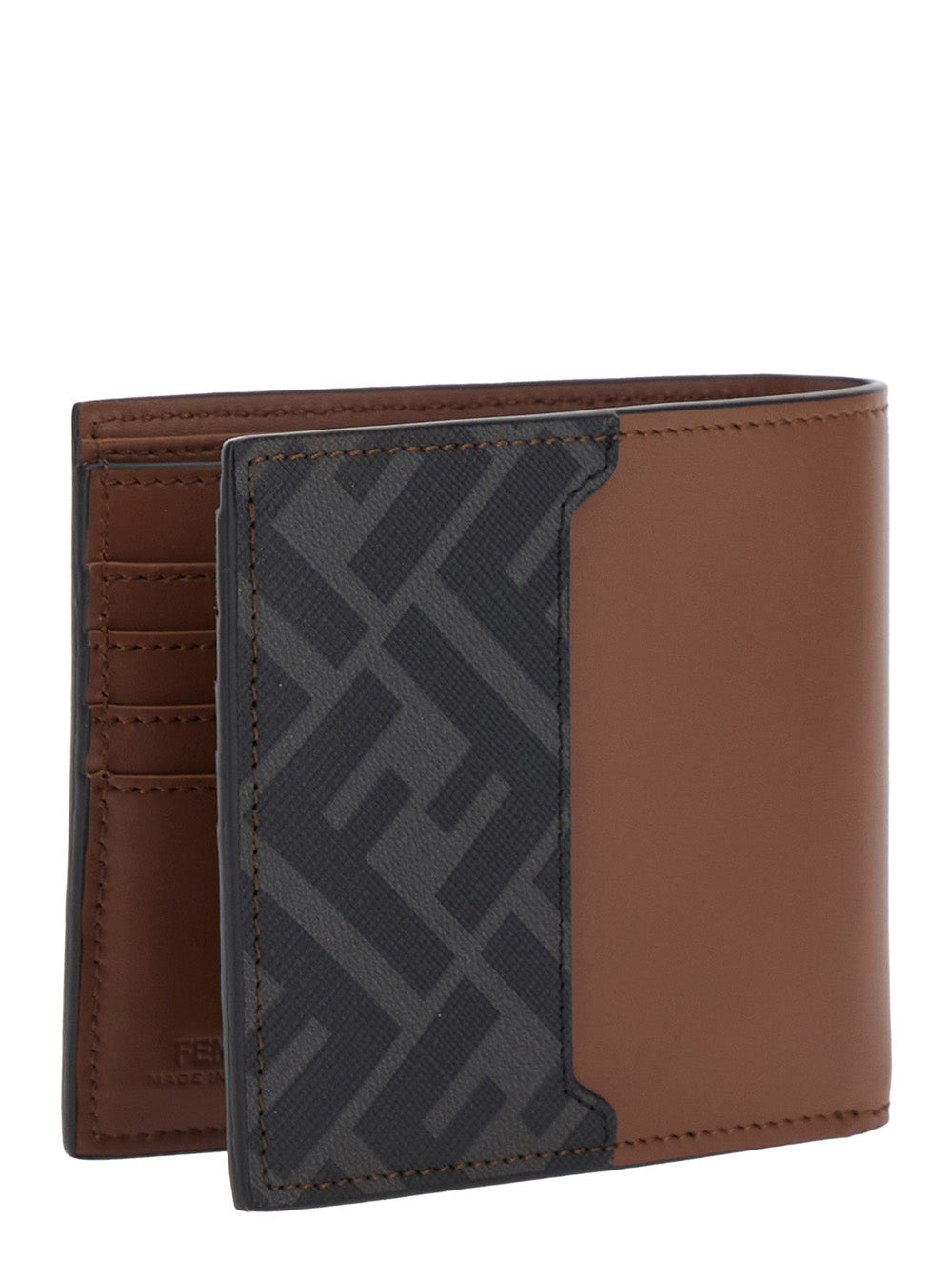 Fendi Men Brown Bi-Fold Wallet With Ff Plaque On The Front In Leather Man