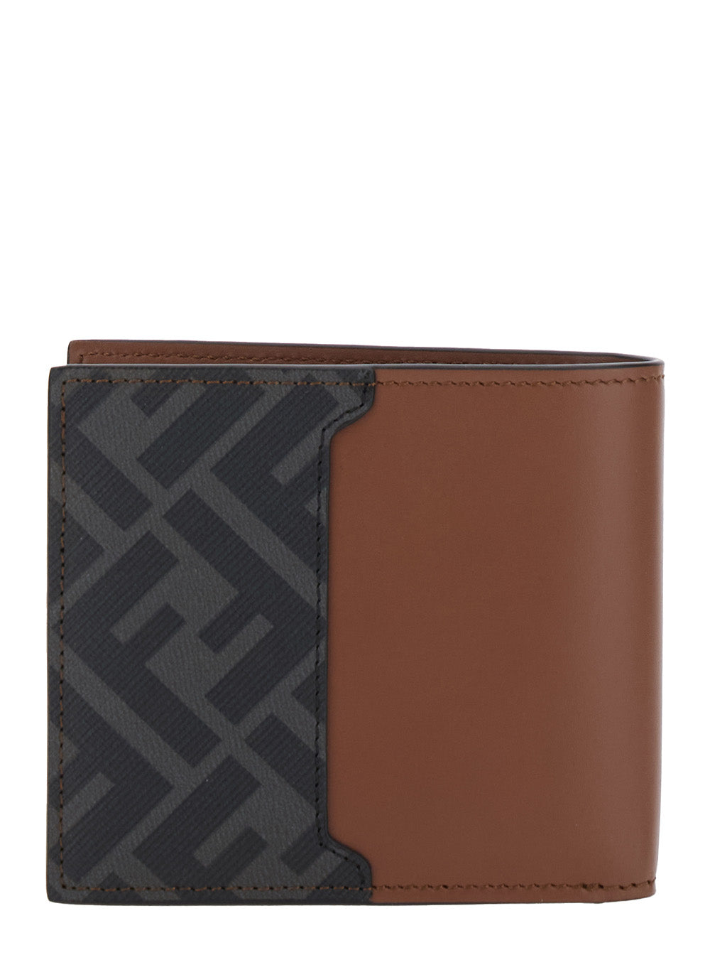 Fendi Men Brown Bi-Fold Wallet With Ff Plaque On The Front In Leather Man
