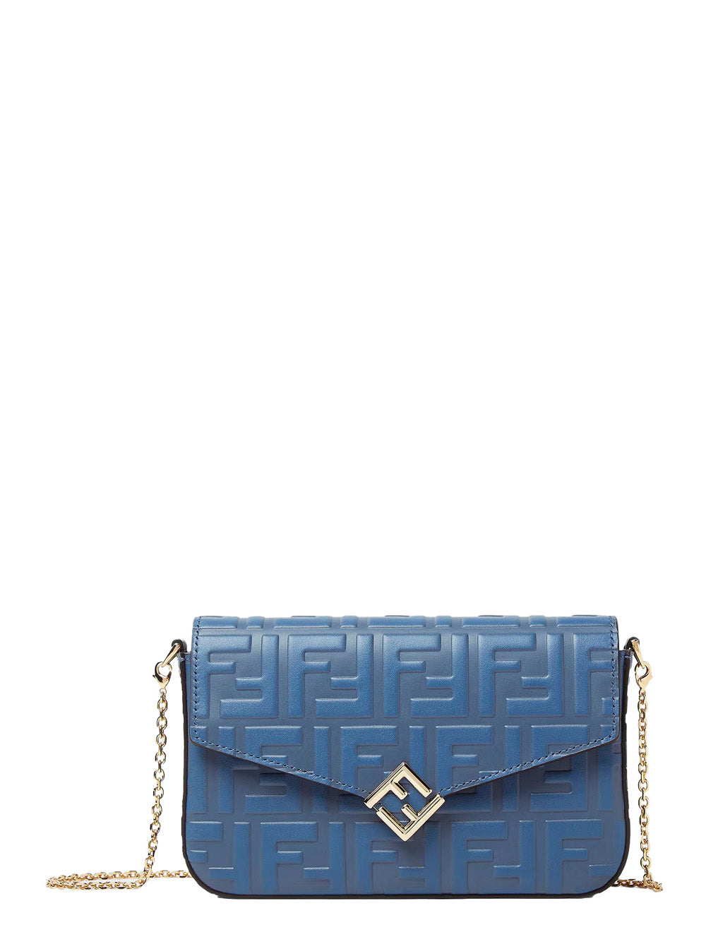 Fendi Women Blue Mini Bag With Chain-Link Shoulder Strap And All-Over Ff Embossed Motif In Leather Woman