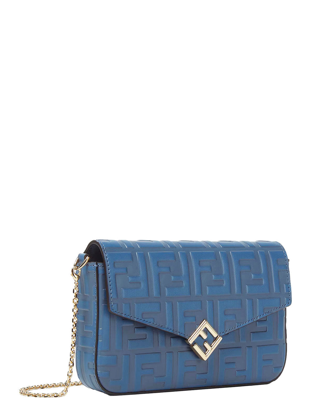 Fendi Women Blue Mini Bag With Chain-Link Shoulder Strap And All-Over Ff Embossed Motif In Leather Woman