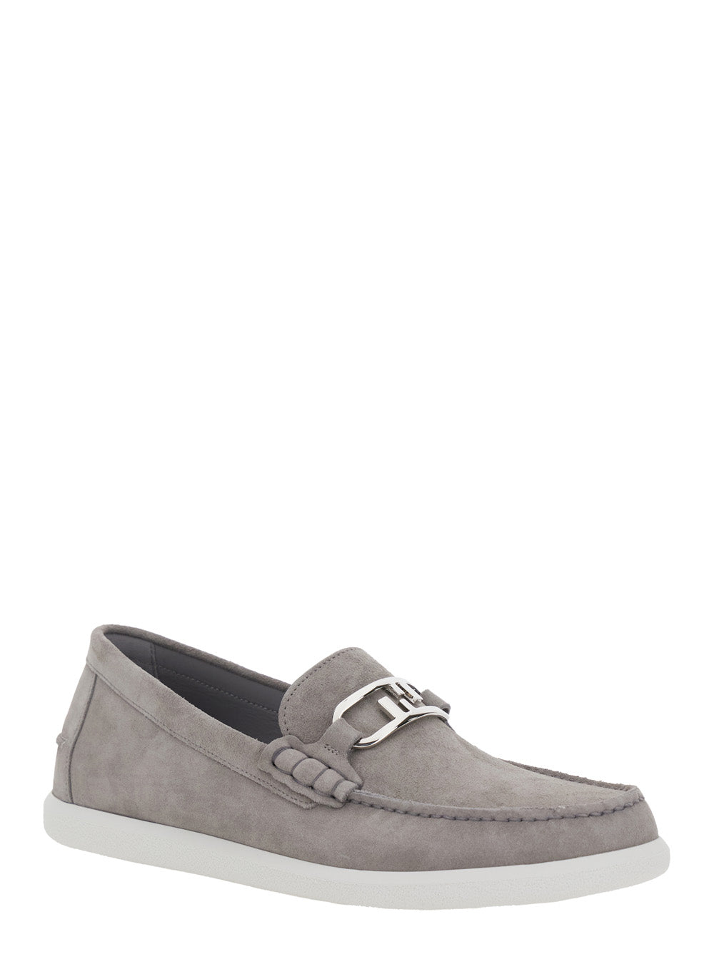 Fendi Men Grey Loafers With Ff Metal Buckle And Contrasting Sole In Suede Man