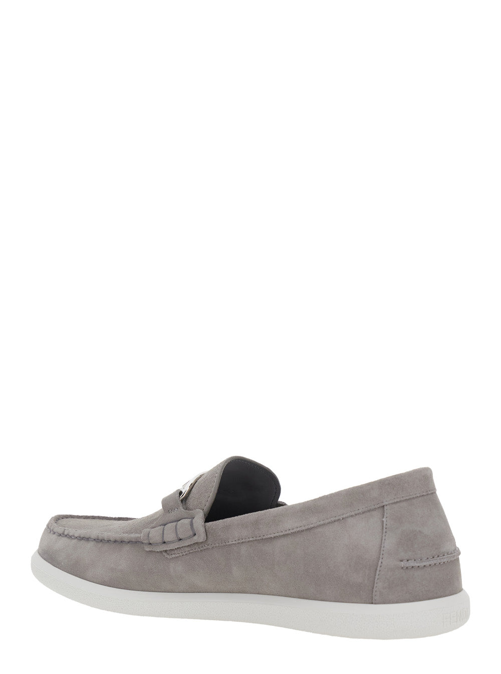 Fendi Men Grey Loafers With Ff Metal Buckle And Contrasting Sole In Suede Man