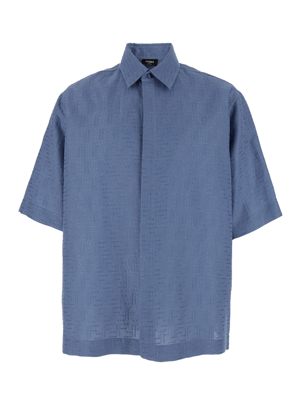 Fendi Men Blue Shirt With Pointed Collar And All-Over Ff Motif In Linen Blend Man