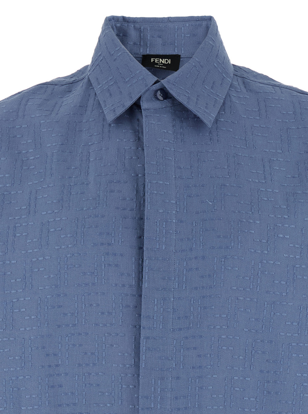 Fendi Men Blue Shirt With Pointed Collar And All-Over Ff Motif In Linen Blend Man