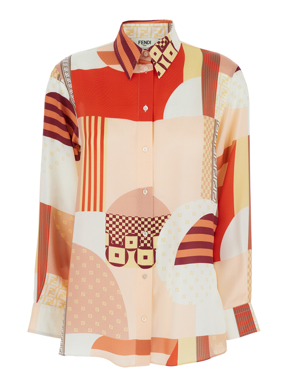 Fendi Women Multicolor Shirt With Classic Collar And All-Over Patchwork Print In Silk Woman