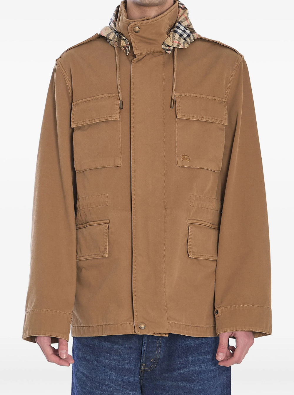 Burberry Men Beige High Neck Jacket With Ekd Embroidery On The Front In Cotton Man