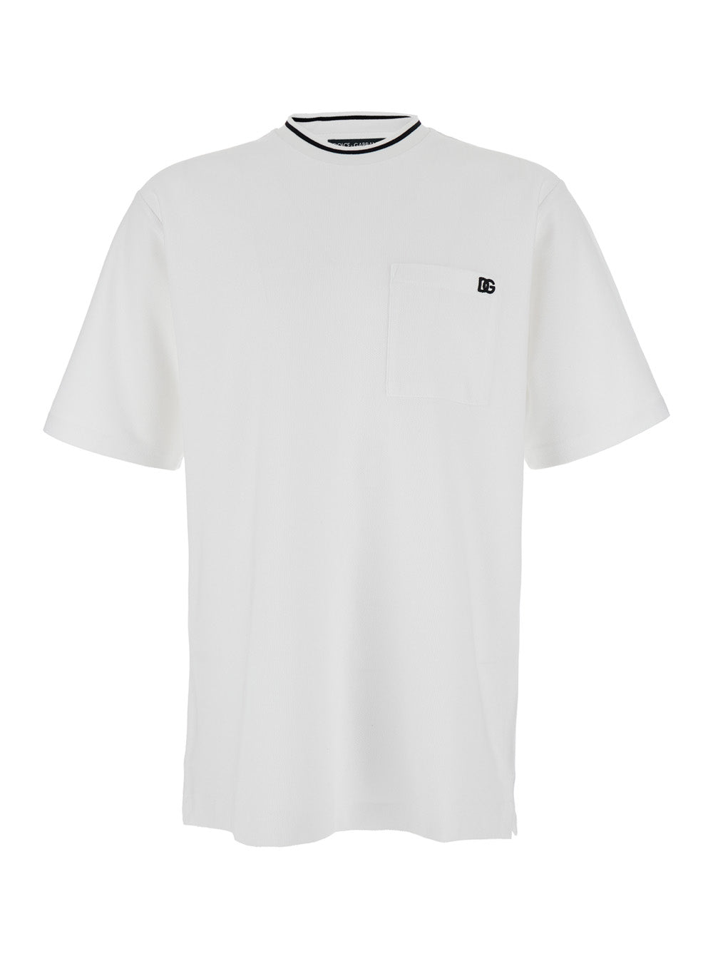 Dolce & Gabbana Men White Crewneck T-Shirt With Logo Embroidery On The Front In Cotton Man