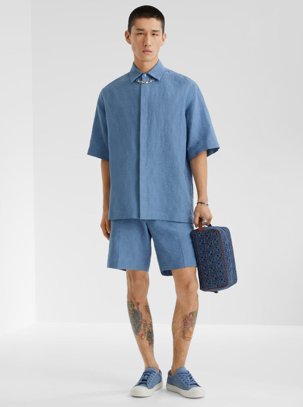 Fendi Men Blue Shirt With Pointed Collar And All-Over Ff Motif In Linen Blend Man