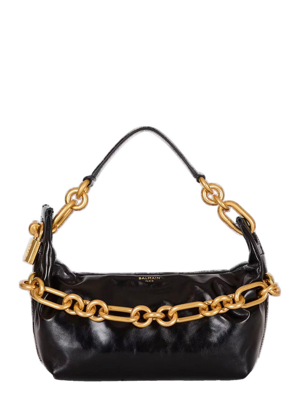 Balmain Women 'Sync' Black Medium Shoulder Bag With Chain-Link And Logo Plaque In Leather Woman