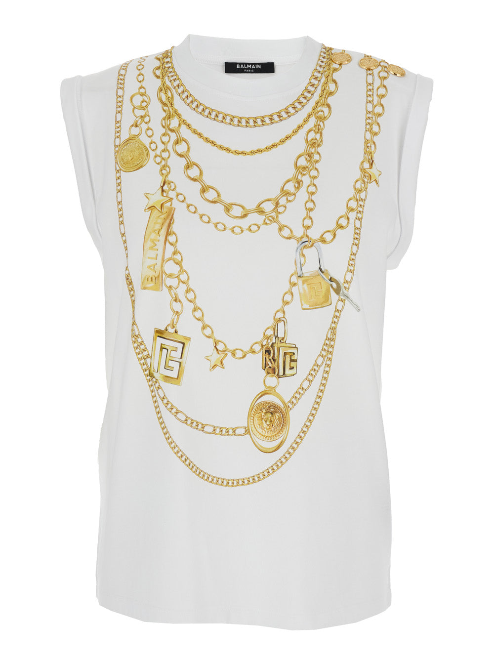 Balmain Women White Sleeveless Top With Maxi Necklace Print On Front And Rear In Cotton Woman