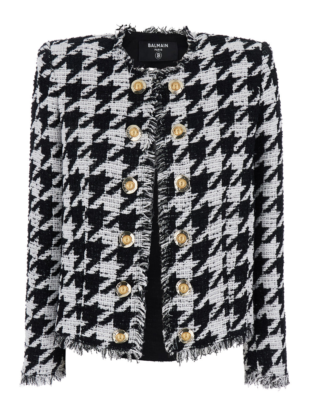 Balmain Women 'Spencer' Black And White Jacket With All-Over Check Motif And Fringed Hem In Cotton Blend Woman