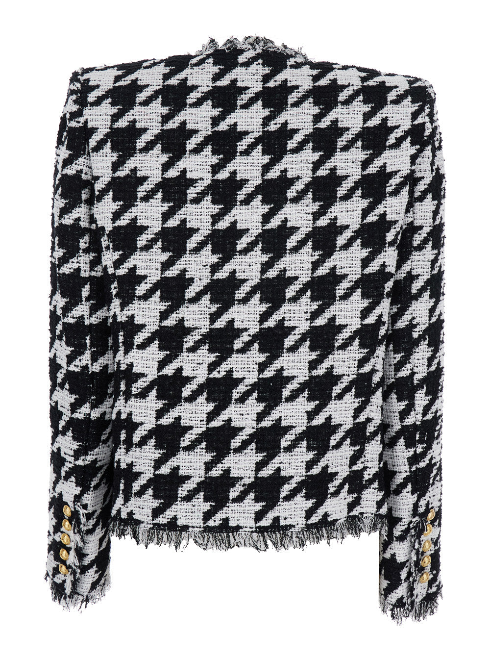 Balmain Women 'Spencer' Black And White Jacket With All-Over Check Motif And Fringed Hem In Cotton Blend Woman