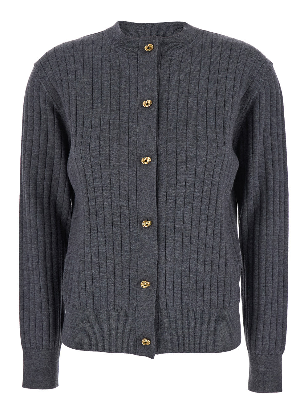 Bottega Veneta Women Grey Crewneck Cardigan With Knot Buttons Closure And Ribbed Knit In Wool Woman