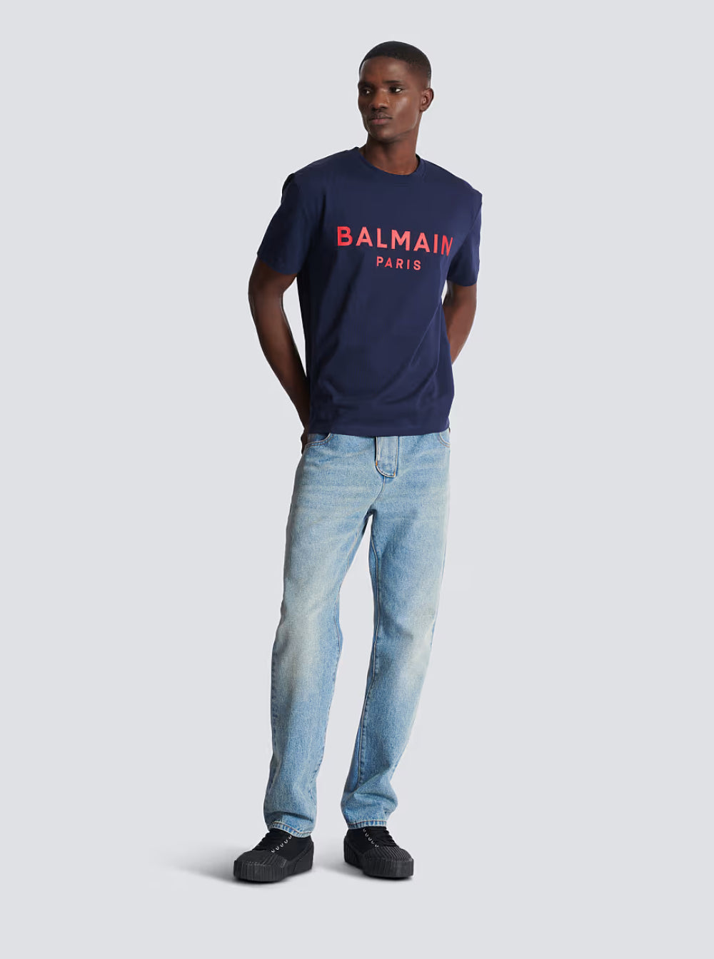 Balmain Men Blue Crewneck T-Shirt With Logo Lettering Print On The Front In Cotton Man