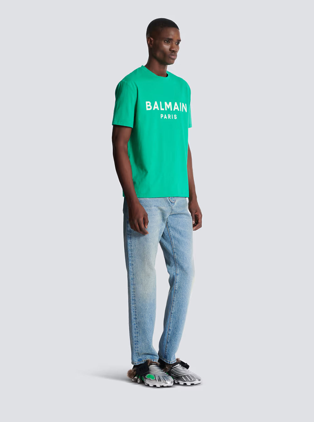 Balmain Men Green Crewneck T-Shirt With Logo Lettering Print On The Front In Cotton Man