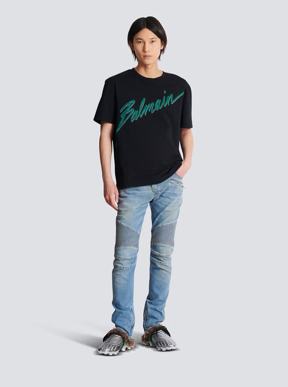 Balmain Men Black Crewneck T-Shirt With Logo Lettering Print On The Front In Cotton Man