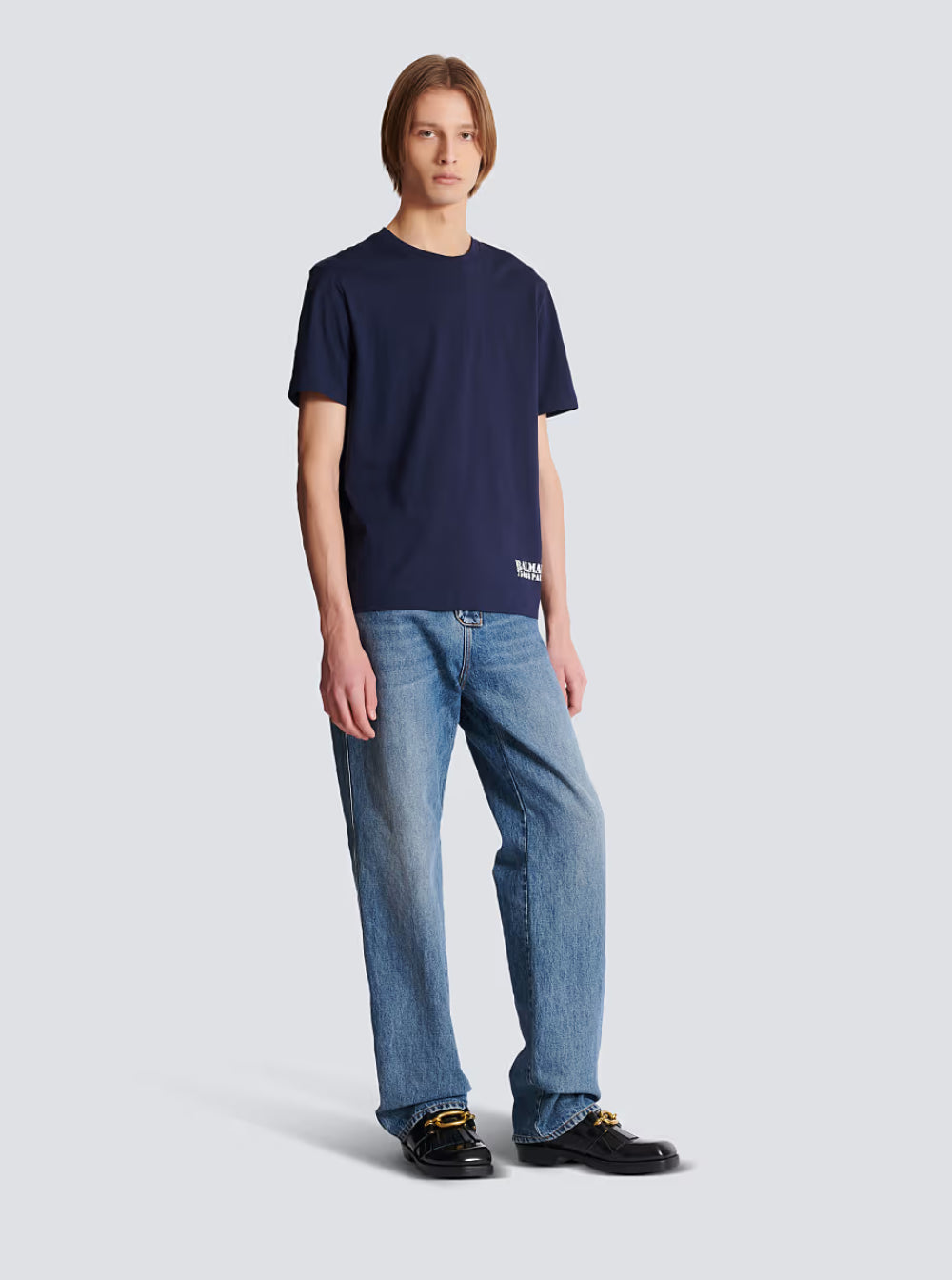 Balmain Men Blue Crewneck T-Shirt With Logo Lettering Print On The Front In Cotton Man