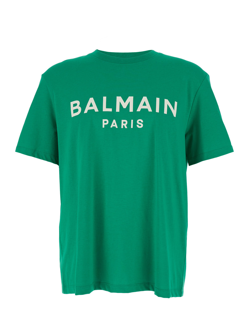 Balmain Men Green Crewneck T-Shirt With Logo Lettering Print On The Front In Cotton Man