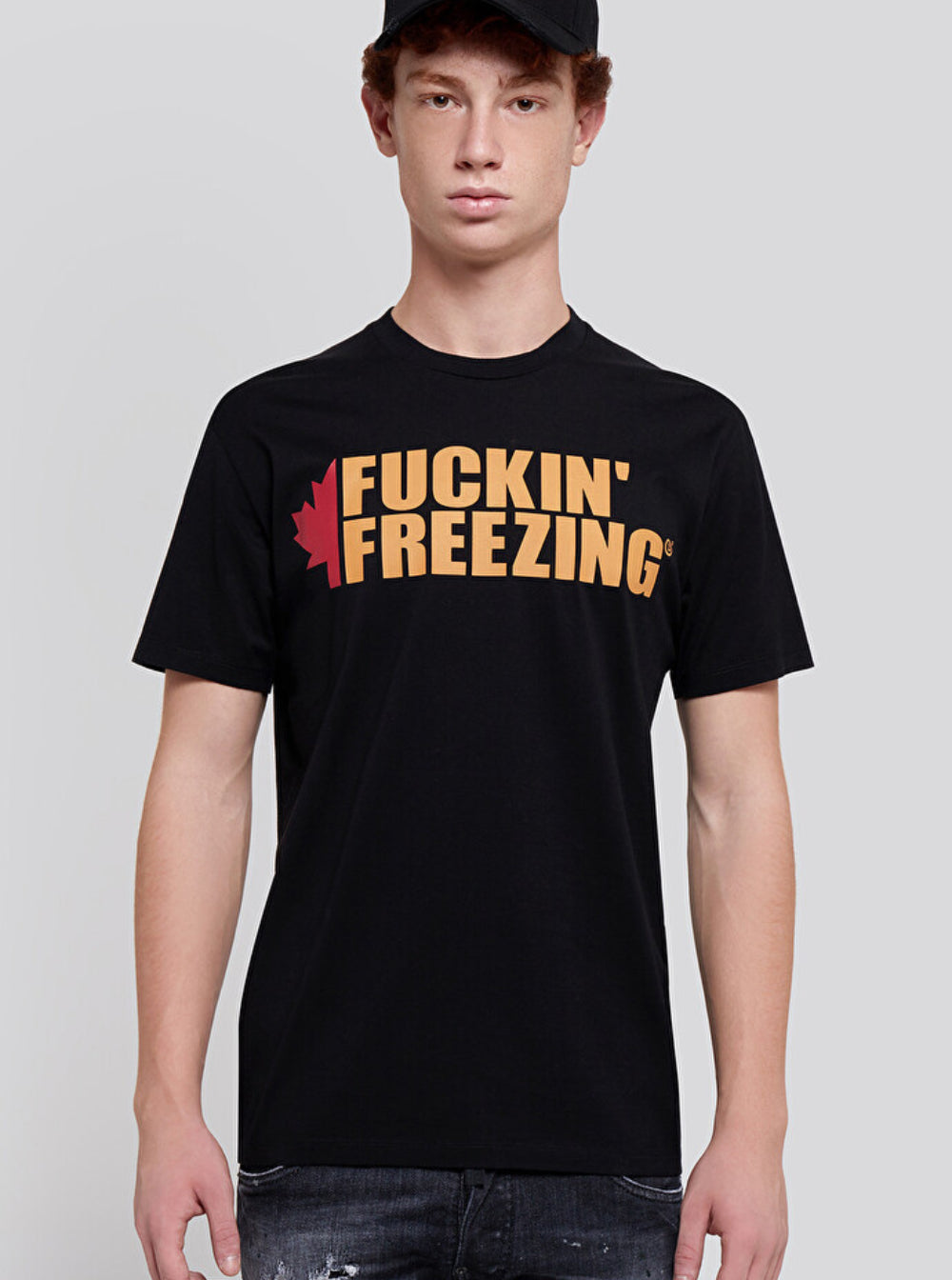 Dsquared2 Men Black Crewneck T-Shirt With Print On The Front And Logo Lettering On The Rear In Cotton Man