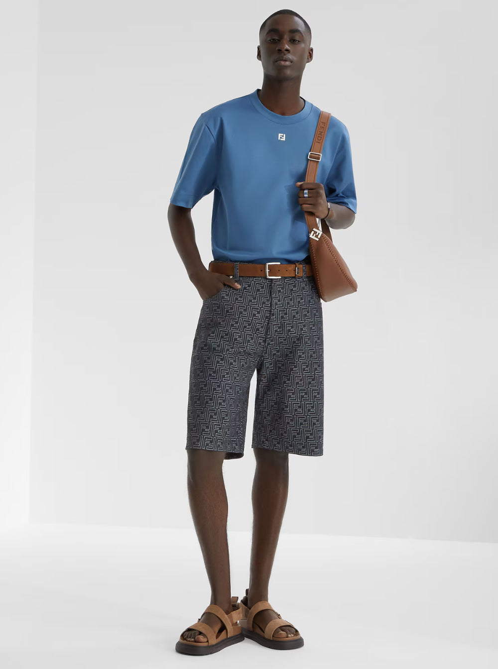Fendi Men Blue Bermuda With Belt Loops And All-Over Ff Motif In Cotton Man