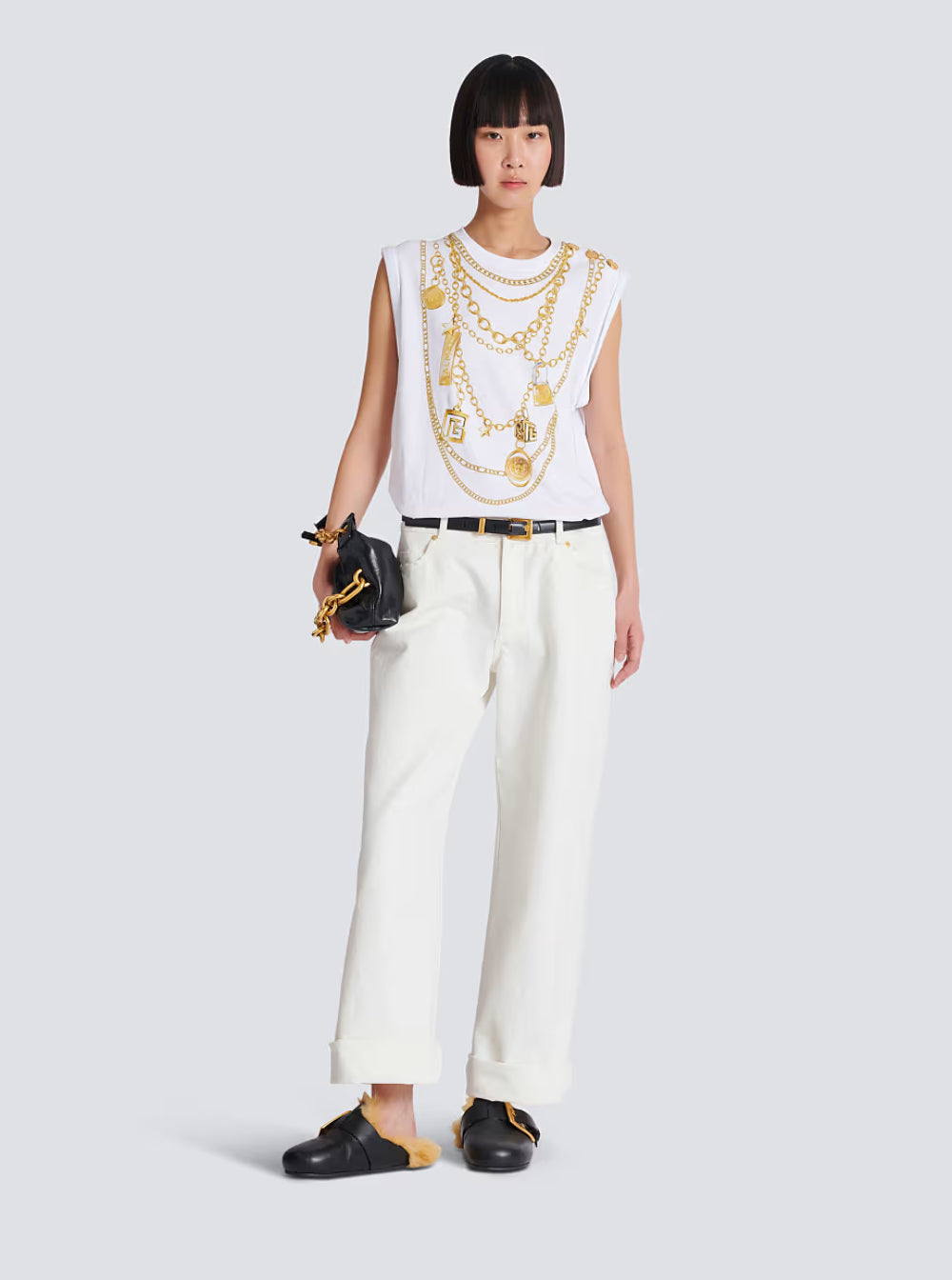 Balmain Women White Sleeveless Top With Maxi Necklace Print On Front And Rear In Cotton Woman