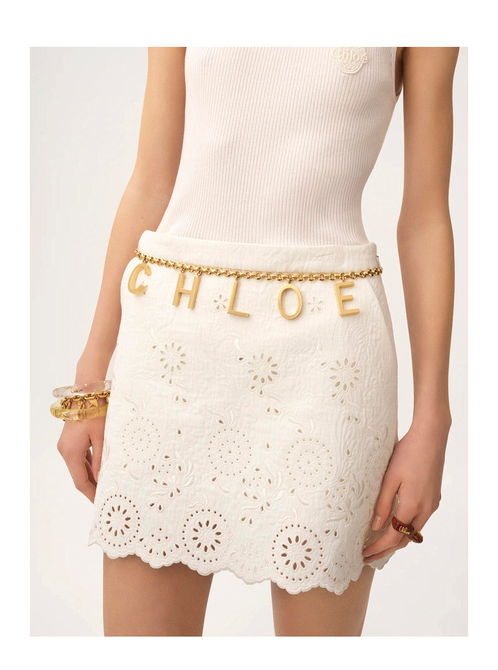 Chloé Women Metallic Belt With Adjustable Hook Closure And Logo Lettering Charm In Brass Woman