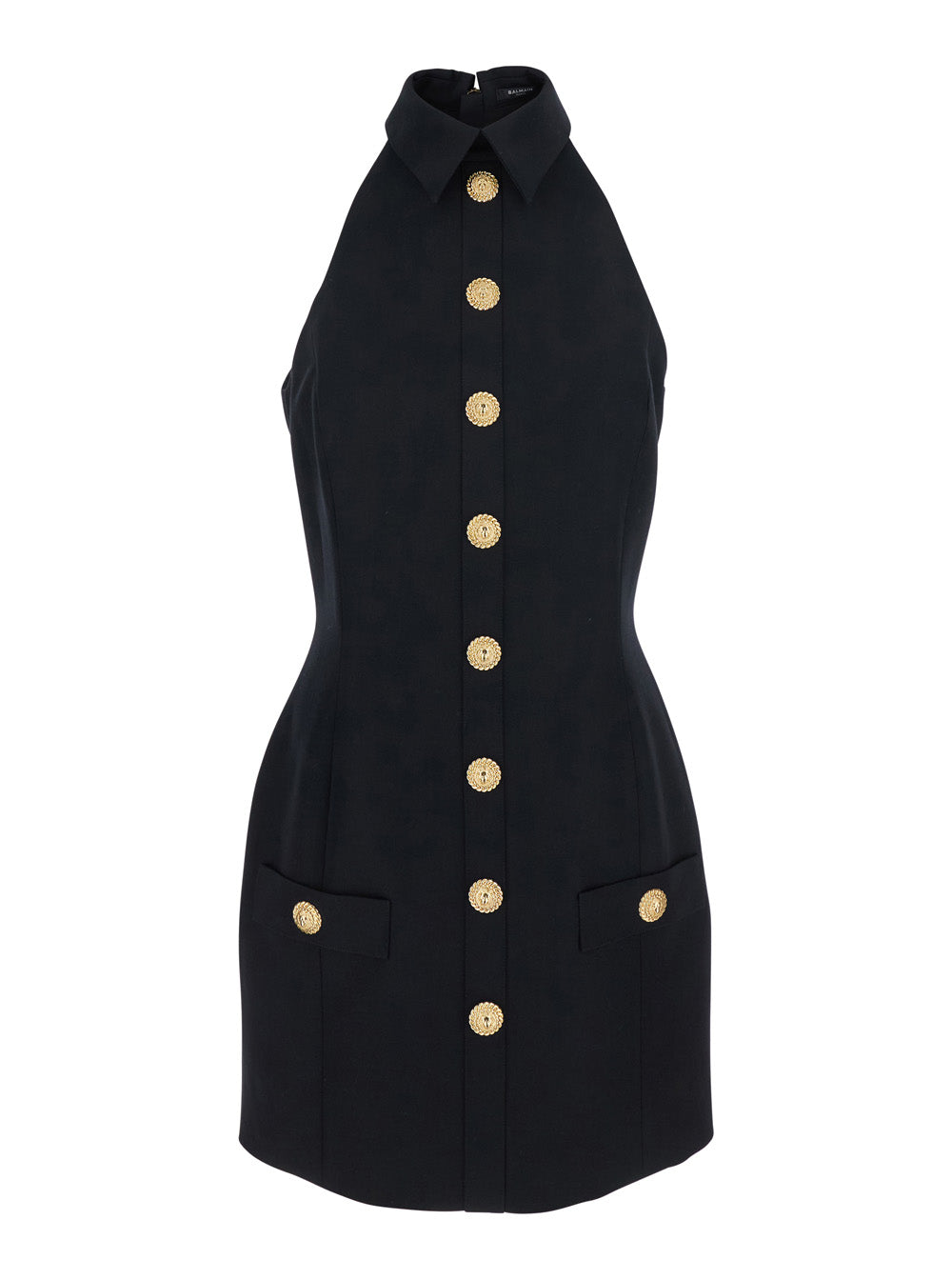 Balmain Women Black Dress With Pointed Collar And Logo Buttons On The Front In Wool Woman