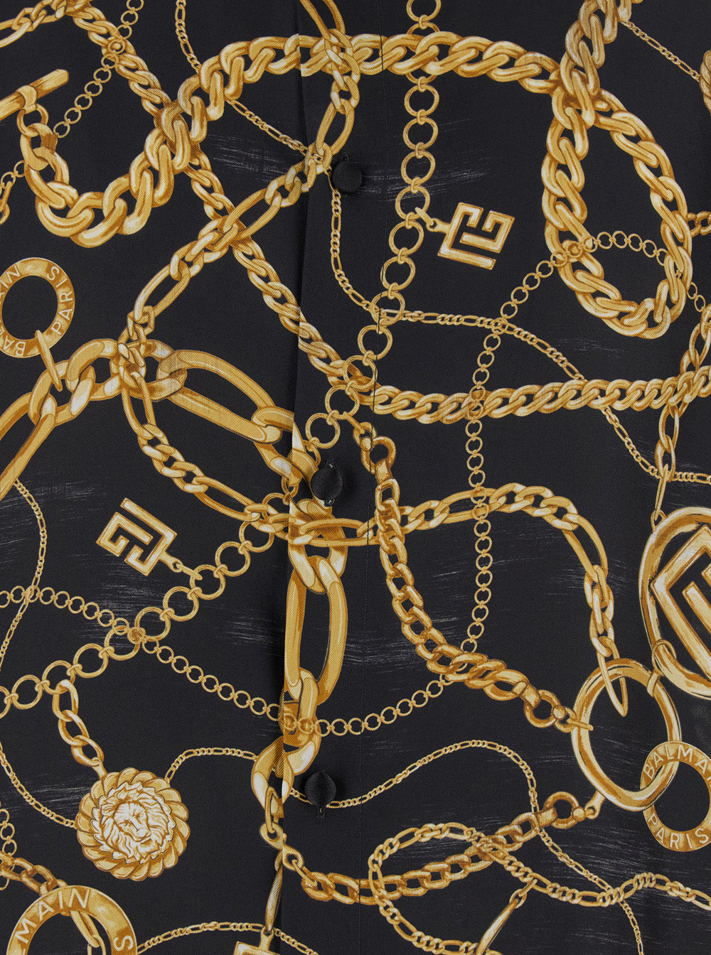 Balmain Men Black Shirt With Pointed Collar And Chain Print With Logo In Silk Man