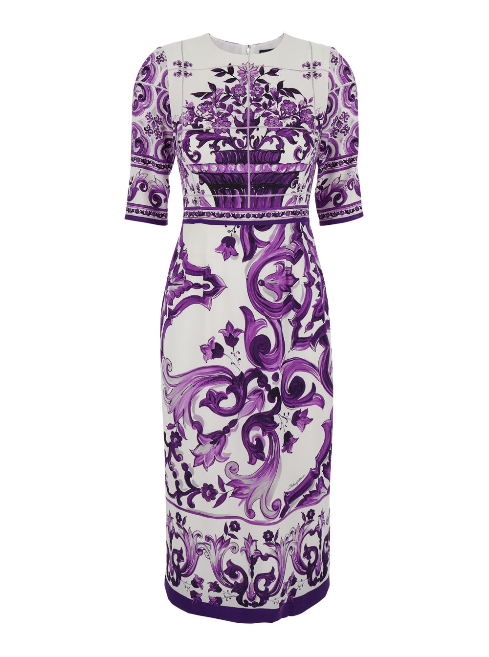 Dolce & Gabbana Women Violet Crewneck Dress With Rear Zip Closure And All-Over Floral Print In Silk Stretch Woman