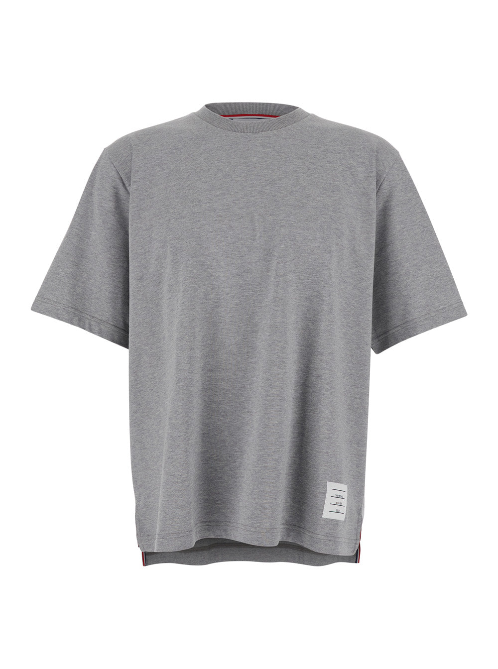 Thom Browne Men Grey Crewneck T-Shirt With Logo Patch On The Front And Striped Detail On The Rear In Cotton Man