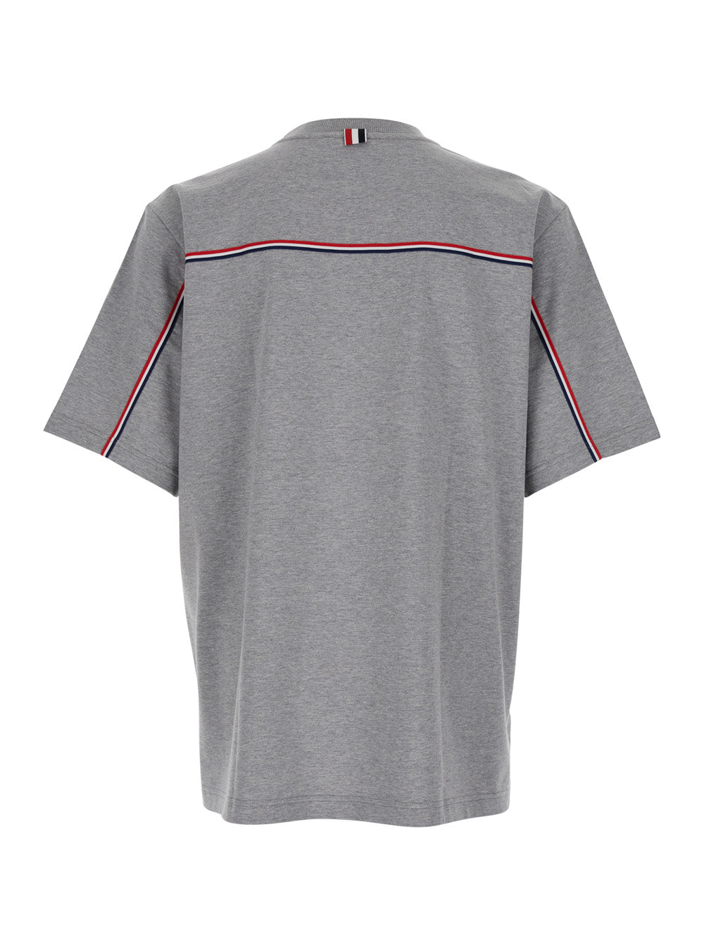 Thom Browne Men Grey Crewneck T-Shirt With Logo Patch On The Front And Striped Detail On The Rear In Cotton Man